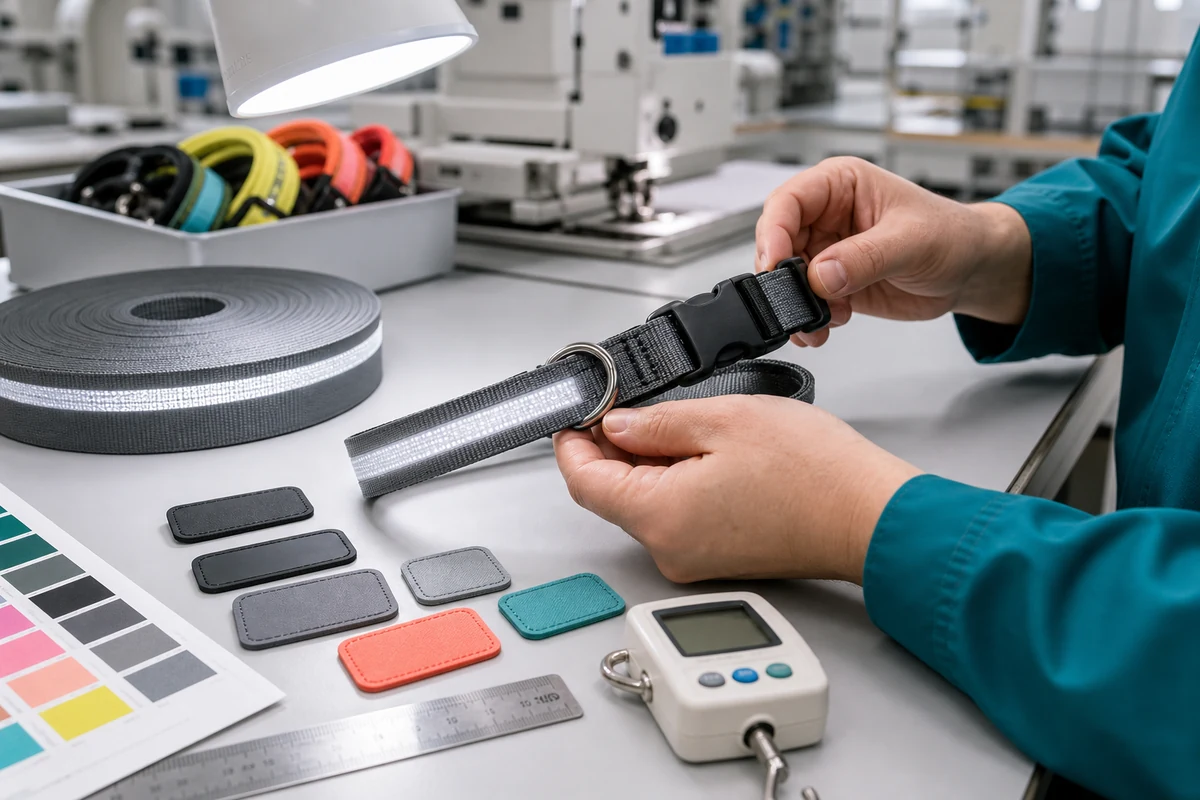 Factory inspection of reflective webbing, buckle, D-ring, and logo patch placement
