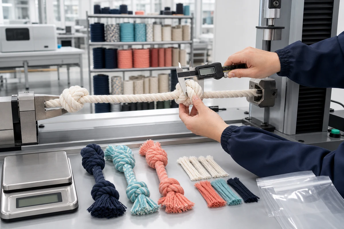 Factory pull testing and diameter inspection for custom rope dog toys