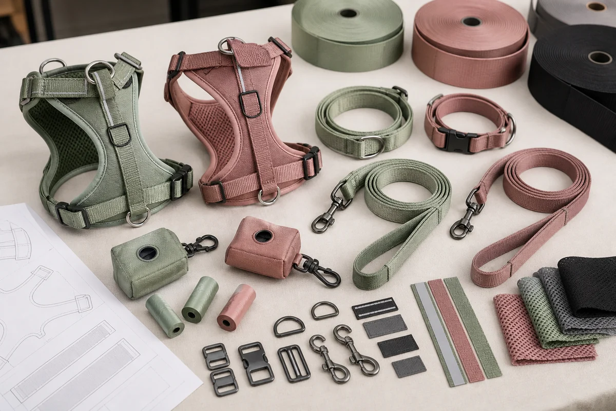 Custom dog walking set development with matching harnesses, leashes, collars, bag holders, webbing, hardware and labels