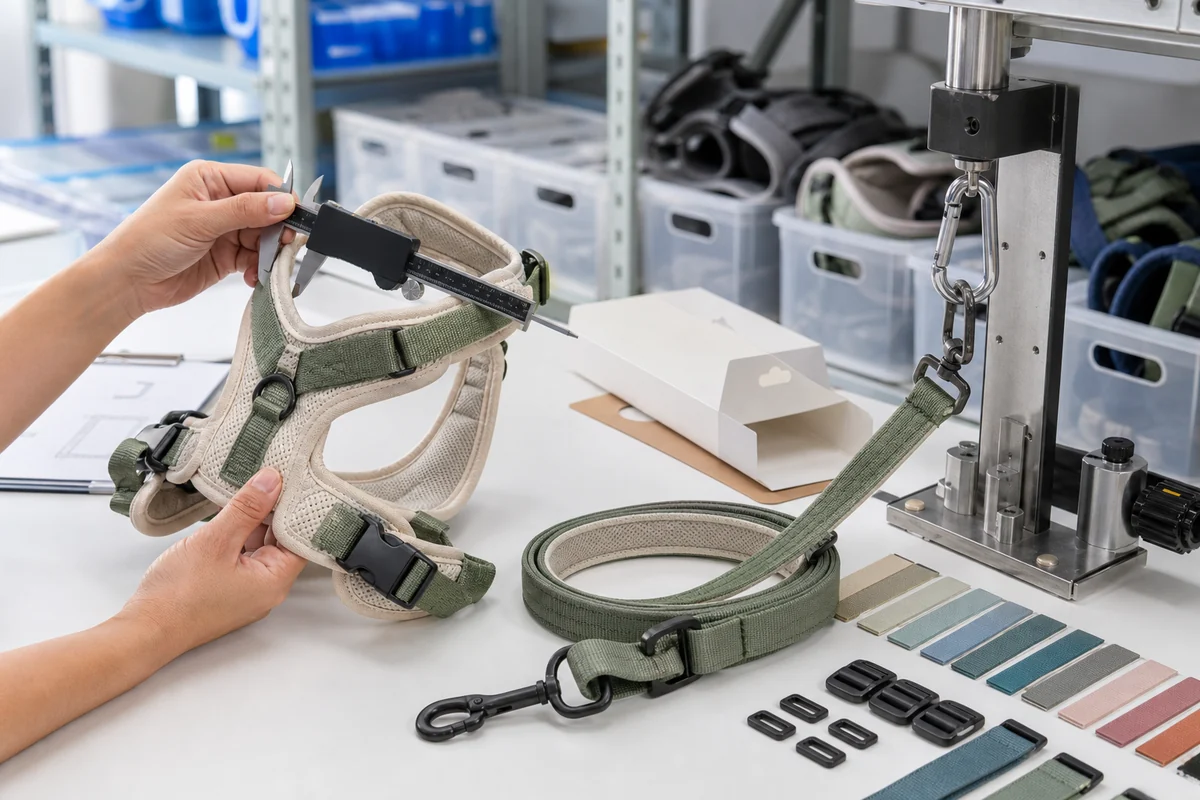 OEM harness and leash walking set quality control with dimension checks, hook testing, approved colors and packaging