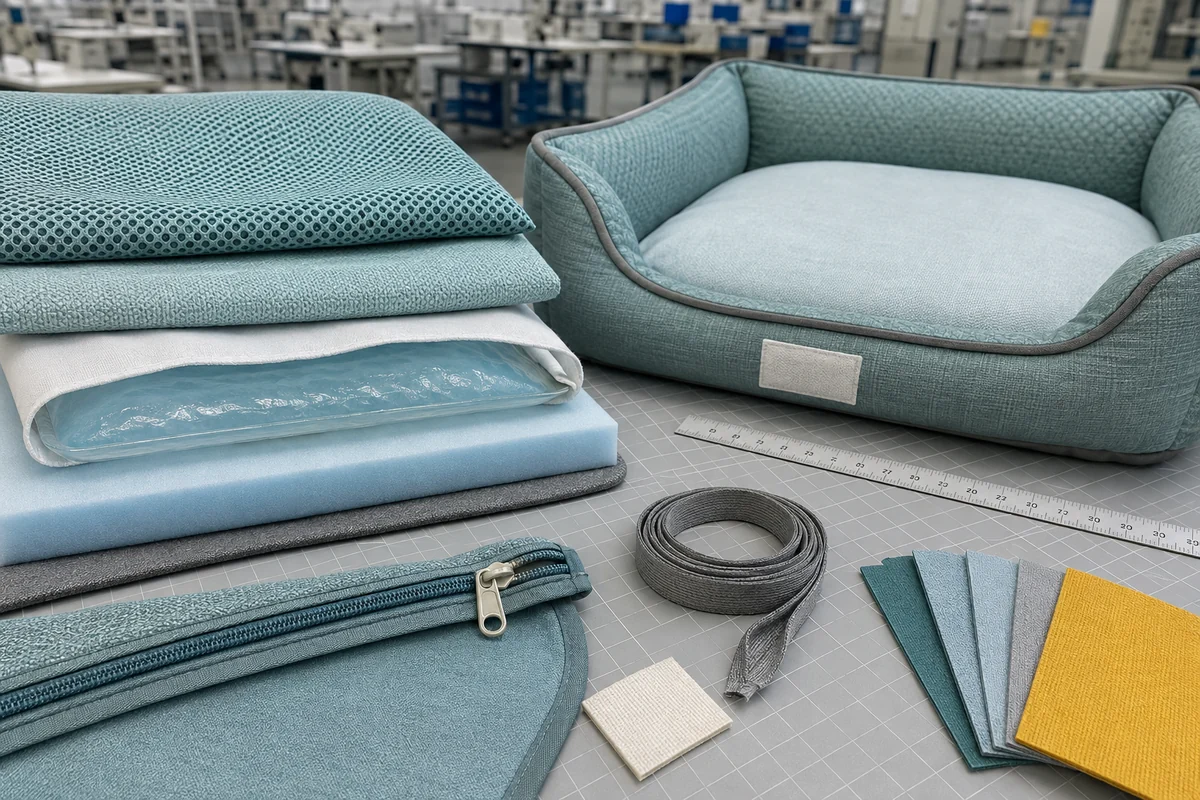 Cooling dog bed construction with breathable fabric, removable insert, foam layers, zipper and factory quality inspection