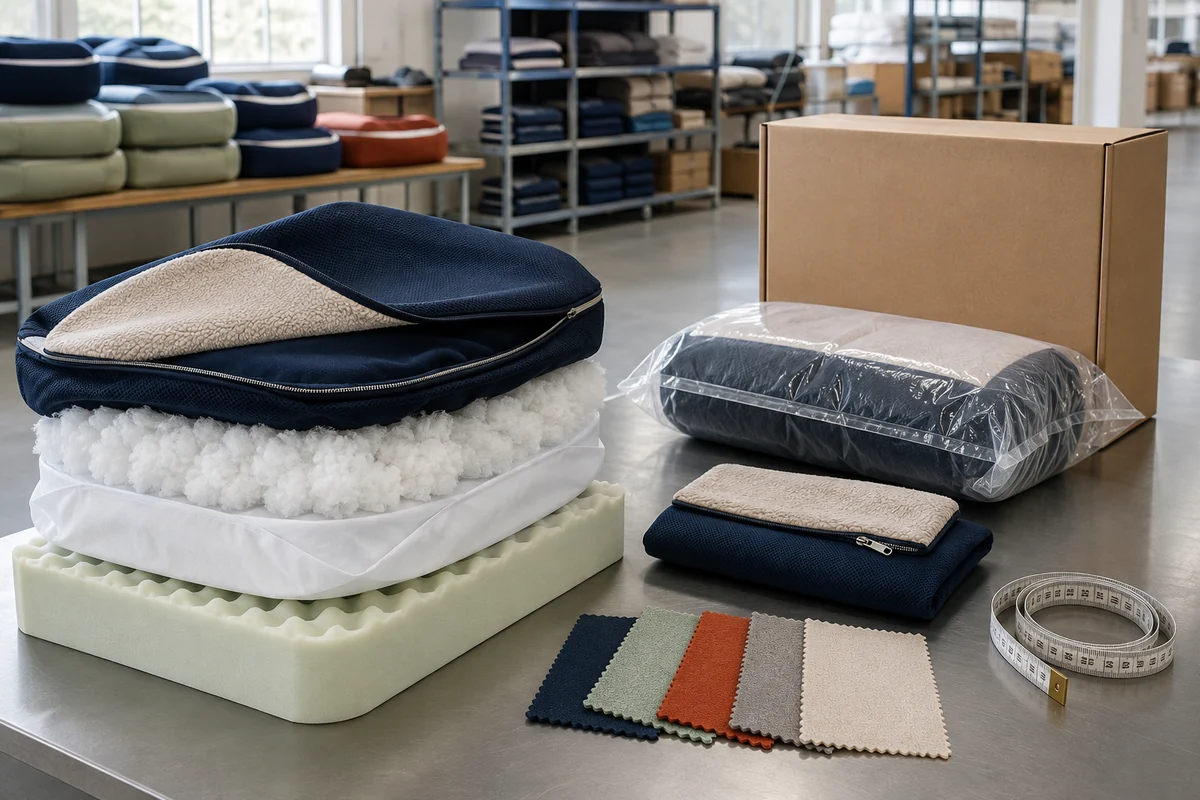 Dog bed supplier quality checks for foam, fiber fill, washable zip covers, measurement and compression packaging