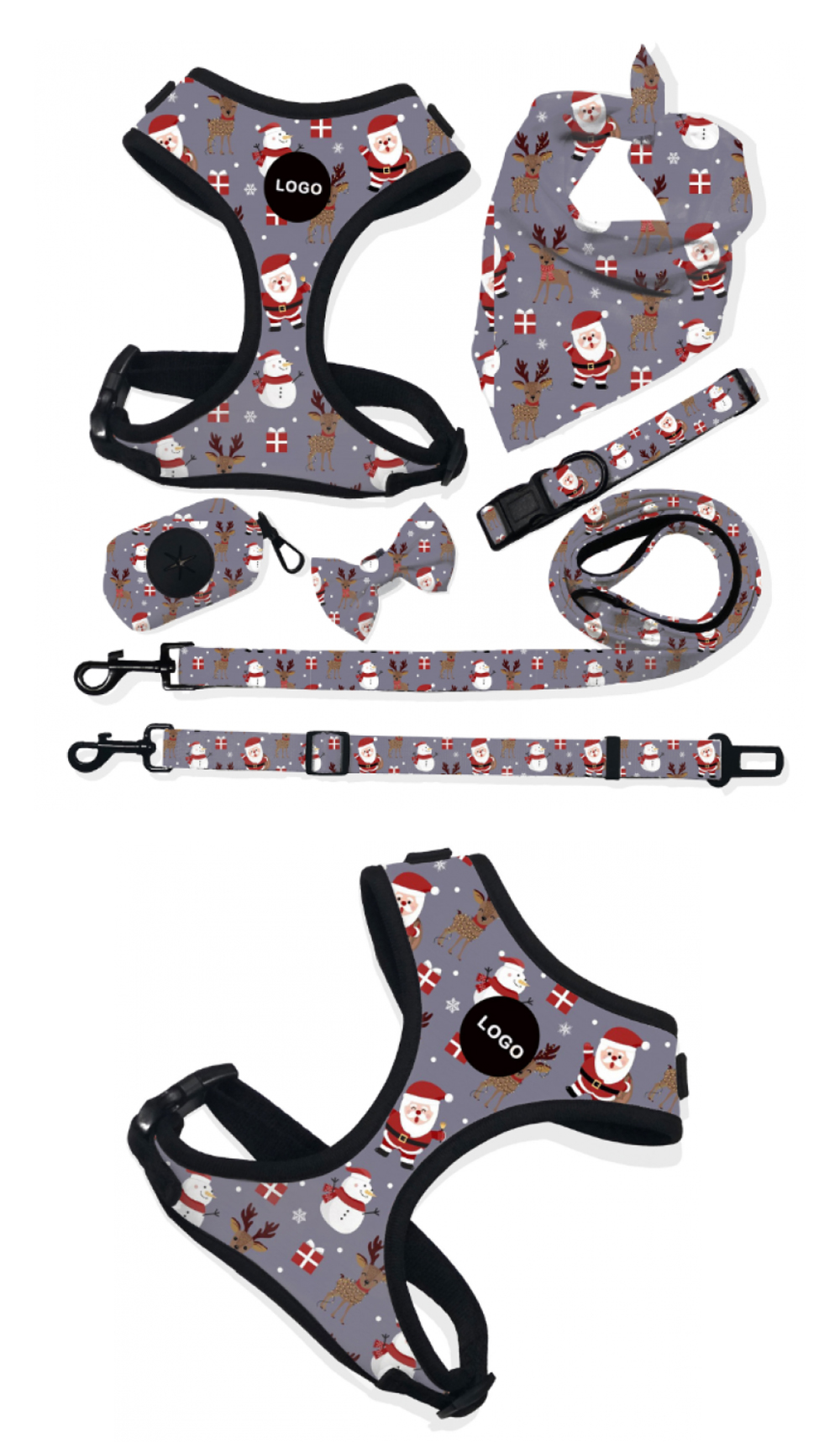 Christmas dog harness set with coordinated holiday walking accessories