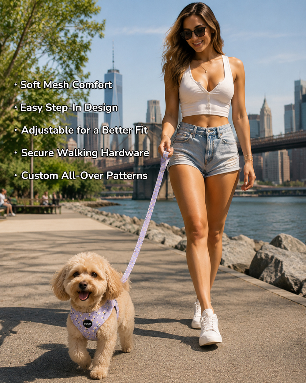 Custom rainbow dog harness and leash set with coordinated pet accessories