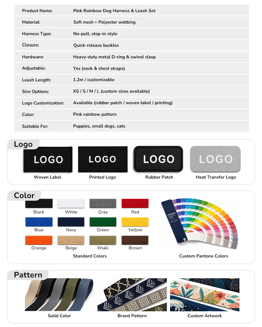 Printed dog harness leash and collar material and stitching details