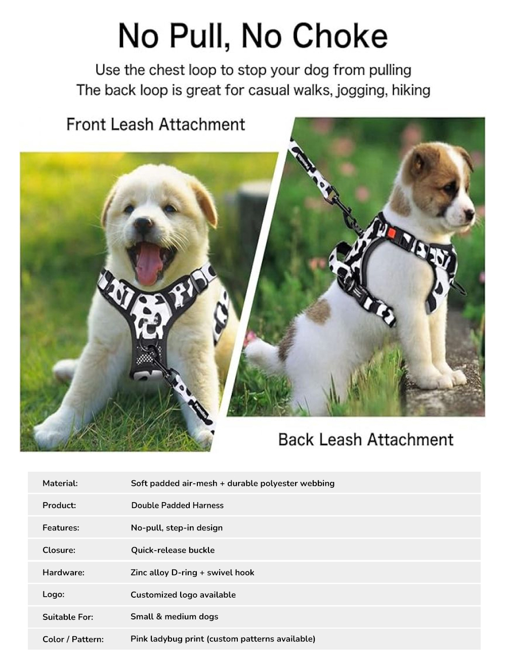 Breathable reflective dog harness construction and fit