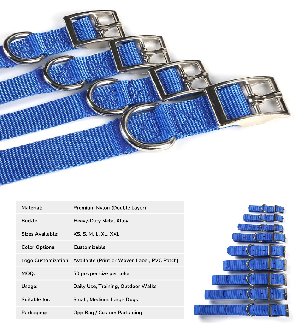 Adjustable nylon dog collar available in six sizes